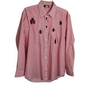 4446) Get Lucky USA Button Up Long Sleeve Lady Bug Red Stripe Shirt Large